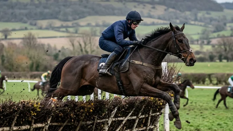 Horses jumping a fence at a National Hunt racing festival