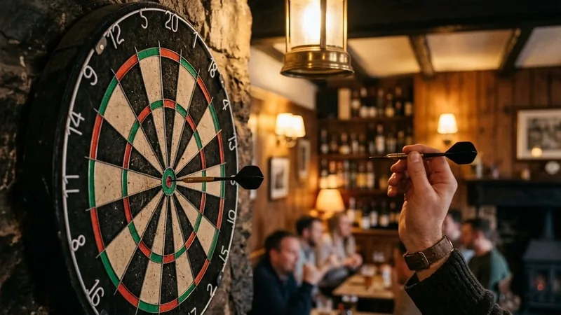 Close-up of a dartboard with three darts in the treble twenty