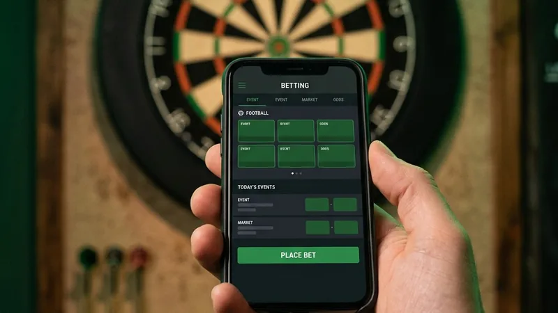 A darts player at the oche under stage lights at a PDC event